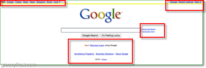 الصفحة الرئيسية في google قبل ظهور التلاشي ، فوضى شديدة