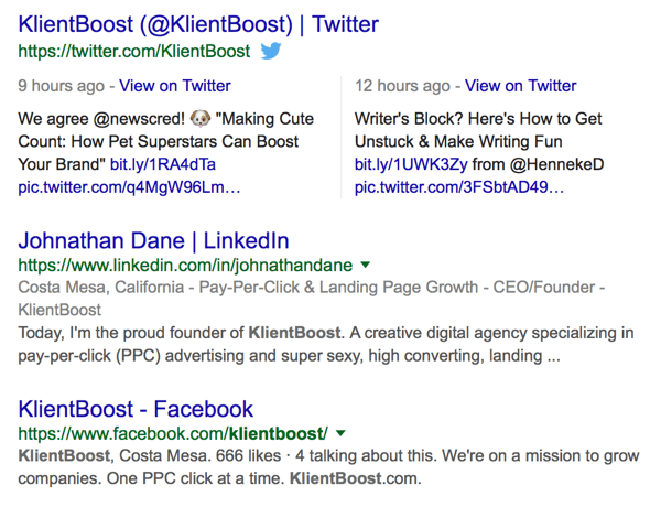 مثال على تغطية klientboost في صفحة نتائج محرك البحث serp