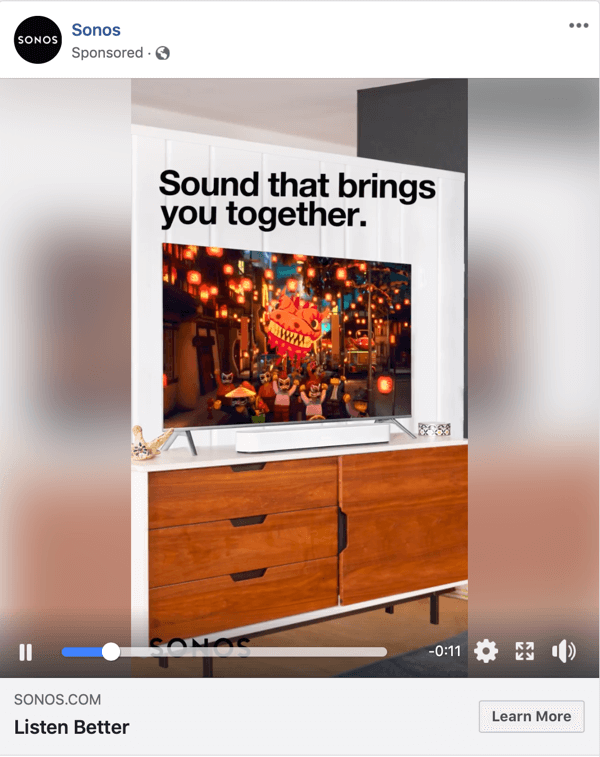مثال على إعلان فيديو على Facebook بواسطة Sonos.