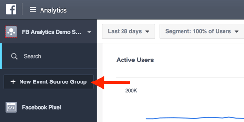 قم بإنشاء مجموعات مصدر الحدث من لوحة معلومات Facebook Analytics.