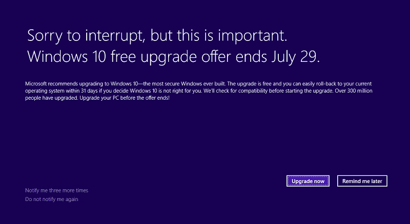 تنشر Microsoft إخطار عرض الترقية المجاني لنظام التشغيل Windows 10