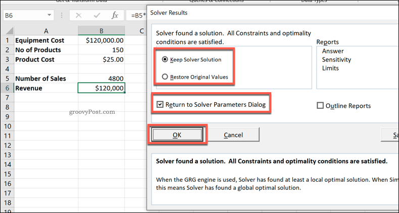 نافذة نتائج Excel Solver
