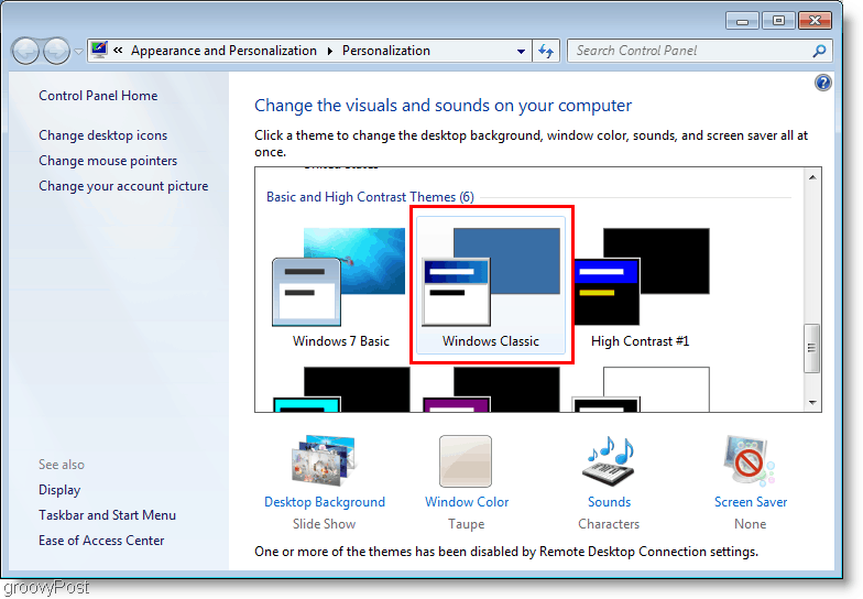 Windows 7 قم بتغيير السمة إلى Classic