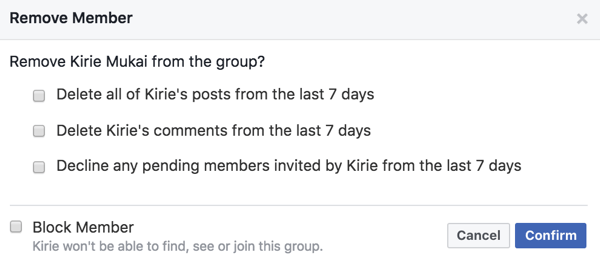 يمكنك حذف منشورات الأعضاء وتعليقاتهم ودعواتهم عند إزالتهم من مجموعة Facebook الخاصة بك.