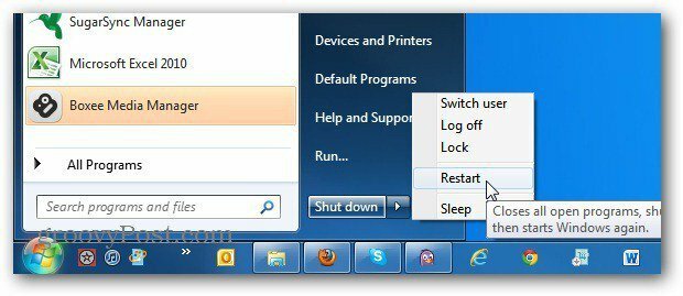 قم بتغيير زر الطاقة لقائمة ابدأ في Windows 7 إلى إعادة التشغيل دائمًا
