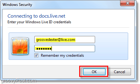 أدخل اسم مستخدم وكلمة مرور حساب Windows Live الخاص بك في Microsoft Office 2010