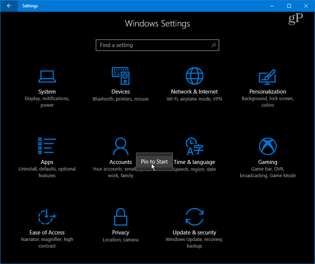فئات إعدادات Windows 10