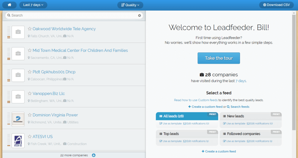 تقدم Leadfeeder إصدارًا تجريبيًا مجانيًا وسترى هذه الشاشة بعد التسجيل.