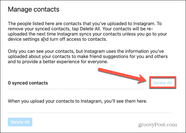 instagram حذف جميع جهات الاتصال