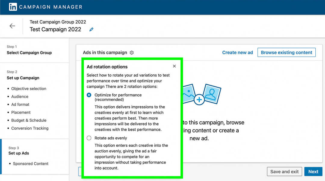 how-to-experience-with-linkedin-ad-creatives-campaign-manager-optimize-for-performance-rotate-ads-evenly-example-1