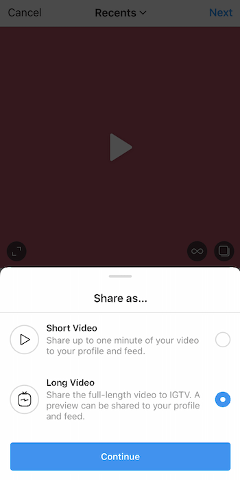 تحميل فيديو instagram مع المشاركة عند سحب القائمة واختيار خيار الفيديو الطويل