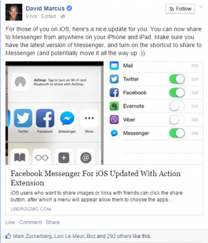 "يمكن الآن لمستخدمي Facebook Messenger مع أجهزة iPhone أو iPad مشاركة الصور أو الروابط مباشرة إلى التطبيق بعد تحديث تطبيق iOS."