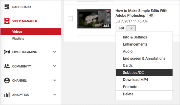 انتقل إلى فيديو YouTube الخاص بك واختر Subtitles / CC من القائمة المنسدلة تحرير.