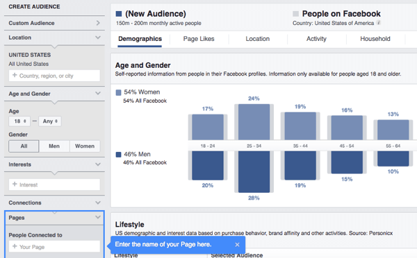 ابحث في التركيبة السكانية والاهتمامات والسلوكيات لمشجعي Facebook باستخدام Audience Insights.