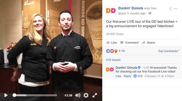 يستخدم Dunkin Donuts فيديو Facebook Live ليأخذ المعجبين وراء الكواليس.