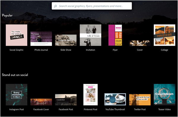 يقدم Adobe Spark مجموعة متنوعة من القوالب لتخصيصها لصور الوسائط الاجتماعية الخاصة بك.
