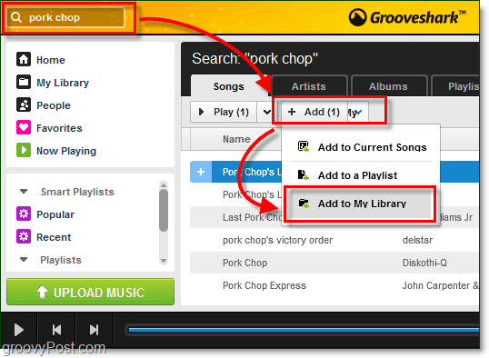 أضف الأغاني التي تم البحث عنها إلى مكتبة الموسيقى Grooveshark