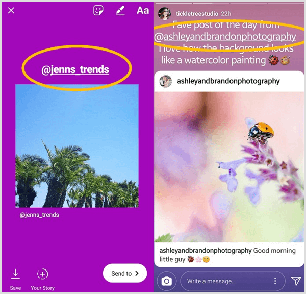 أضف مربع نص يسرد المستخدم الأصلي وقم بتمييزه في منشور Instagram مُعاد مشاركته.