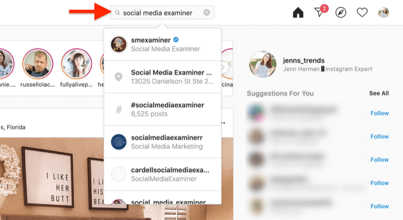 لقطة شاشة لسطح المكتب تظهر عملية بحث عن حساب instagram باستخدام مصطلحات البحث الخاصة بفاحص الوسائط الاجتماعية