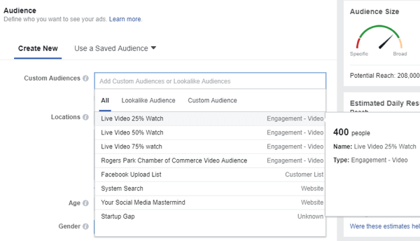 عندما تحدد جمهورًا لإعلانك على Facebook ، تأكد من تحديد الجمهور المخصص للأشخاص الذين شاهدوا مقاطع الفيديو المباشرة الخاصة بك.