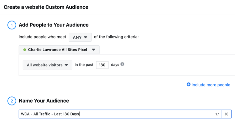 قم بإعداد جمهور مخصص لموقع Facebook على الويب لجميع زوار الموقع في آخر 180 يومًا