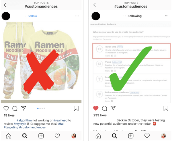 كيف تنمي متابعتك على Instagram بشكل استراتيجي ، الخطوة 12 ، ابحث عن أمثلة منشورات ذات صلة ، مثال على المشاركات الجيدة والسيئة