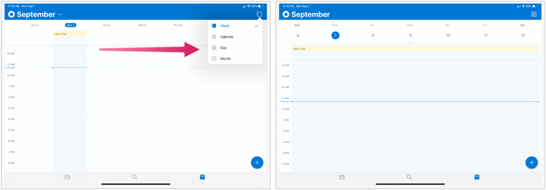 Microsoft Outlook على iPad ، عرض التقويم