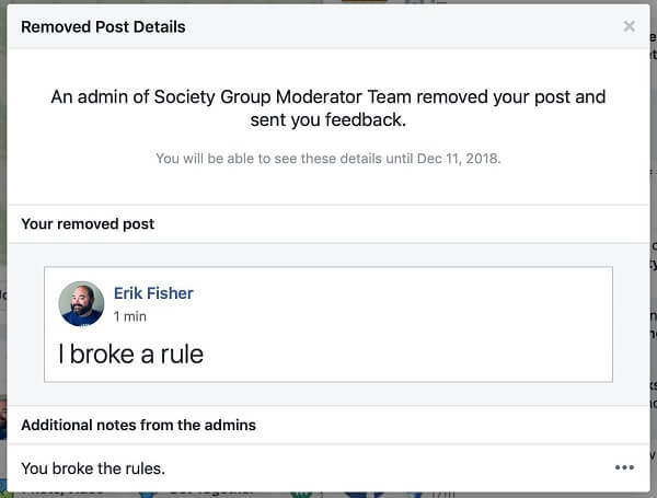 يبدو أن مجموعات Facebook تمنح المسؤولين خيارًا لمشاركة سبب إزالة المنشور للشخص الذي نشره.