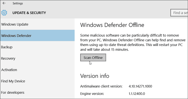 يسمح Windows 10 Defender بالمسح دون اتصال بالبرامج الضارة