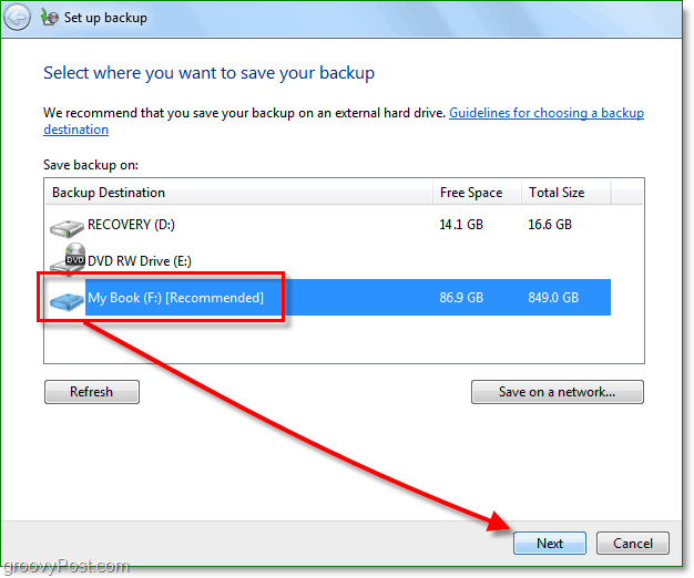 Windows 7 Backup - حدد موقع النسخ الاحتياطي