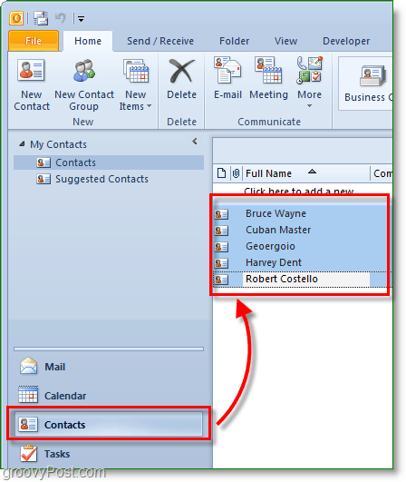 جهات اتصال Outlook 2010