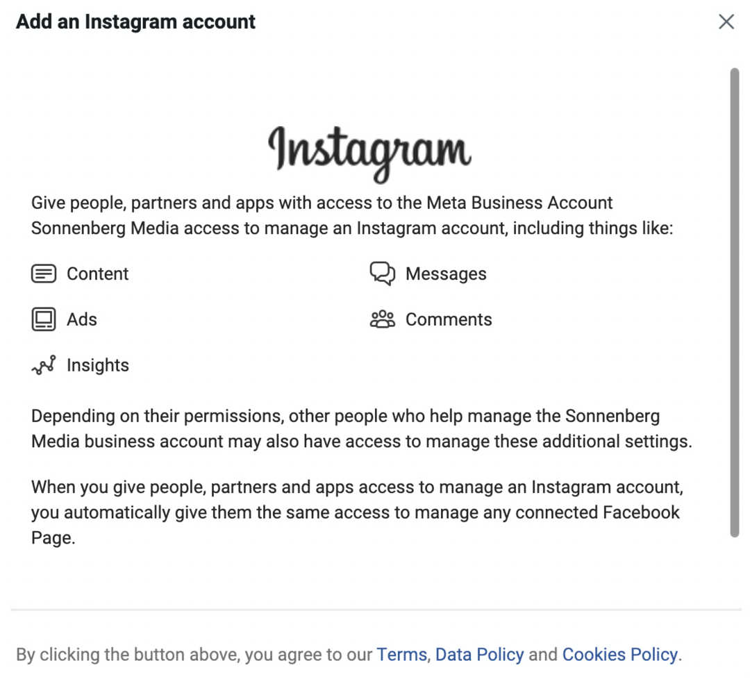 صورة شاشة إضافة حساب Instagram في Meta Business Manager