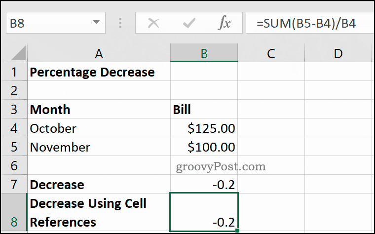 مثال على انخفاض النسبة المئوية في Microsoft Excel