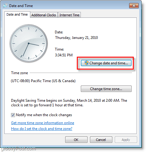 لقطة شاشة لنظام التشغيل Windows 7 - قم بتغيير التاريخ والوقت