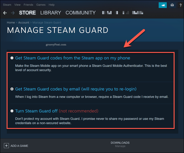 إدارة Steam Guard في Windows 10