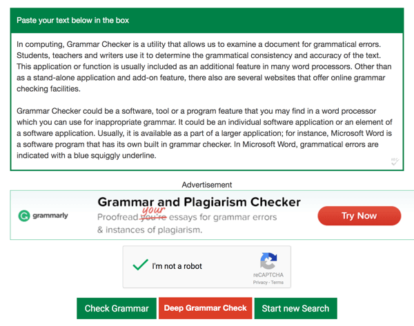 الصق النص في مربع النص Grammar Checker وانقر فوق Check Grammar.