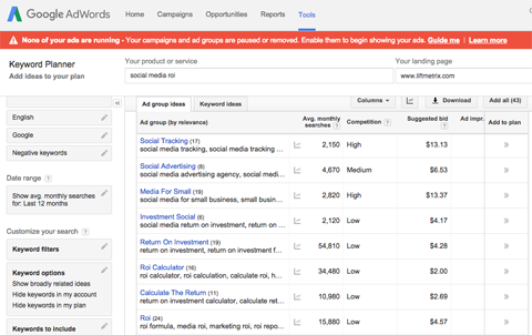 نتائج بحث مخطط الكلمات الرئيسية adwords