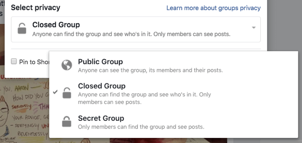 يمكن أن تكون كل مجموعة على Facebook عامة أو مغلقة أو سرية.