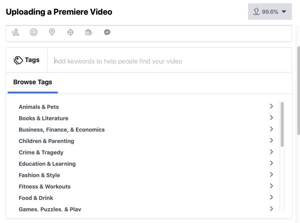كيفية إعداد Facebook Premiere ، الخطوة 4 ، علامات الفيديو