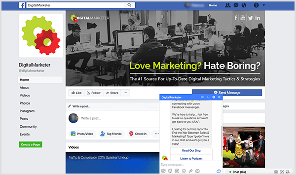 أضافت مولي بيتمان روبوت محادثة إلى صفحة DigitalMarketer على Facebook.