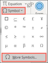 رمز ، المزيد من الرموز في Word على Windows