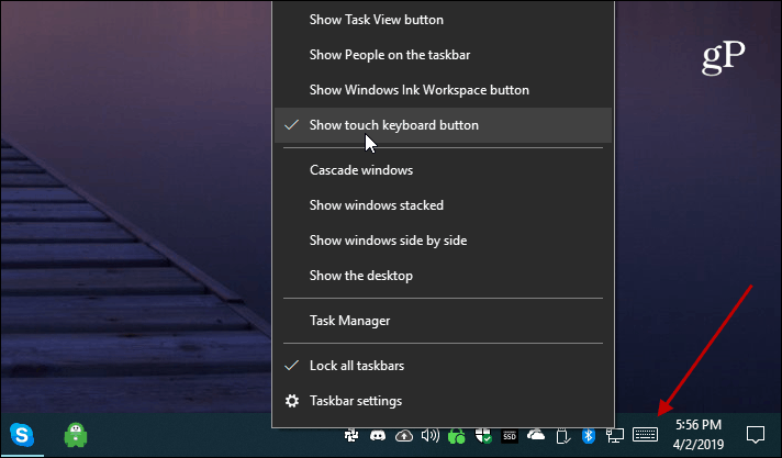 Windows 10 إظهار زر لوحة المفاتيح التي تعمل باللمس
