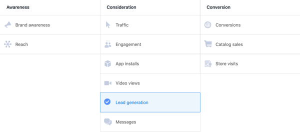 خيار لتحديد إعلان Lead Generation من أهداف الحملة في Facebook Ads Manager.
