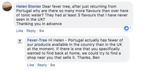 مثال على رد Fever-Tree على سؤال العميل على منشور على Facebook.