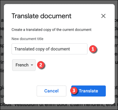 خيارات الترجمة في محرر مستندات Google