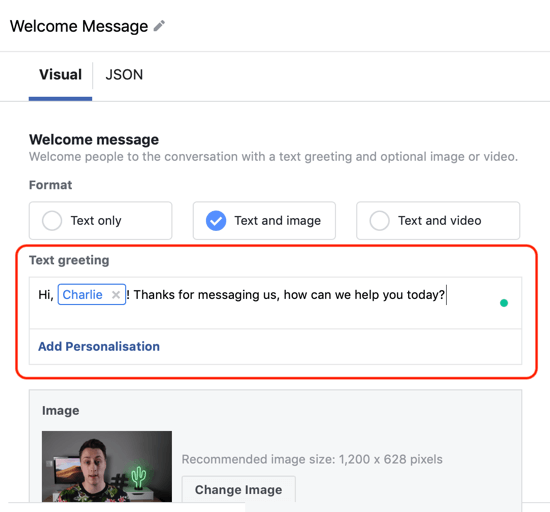 كيفية استهداف العملاء المحتملين بإعلانات Facebook Messenger ، الخطوة 12 ، مثال على تخصيص قالب مخصص لوجهة المراسلة