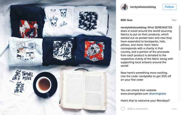 تعرض مدونة Nerdy Talks Book منتجات Serengetee وتبلغ المتابعين عن السبب على Instagram.