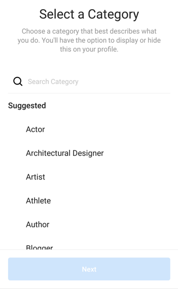 اختيار فئة ملف تعريف Instagram Creator ، الخطوة 1.