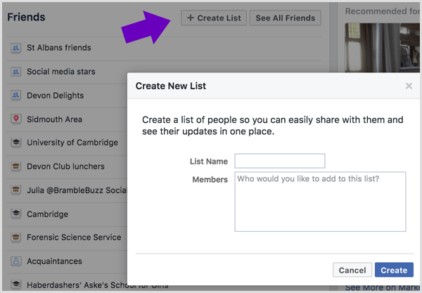 أدخل اسمًا لقائمة أصدقائك على Facebook وحدد الأصدقاء المراد إضافتهم.