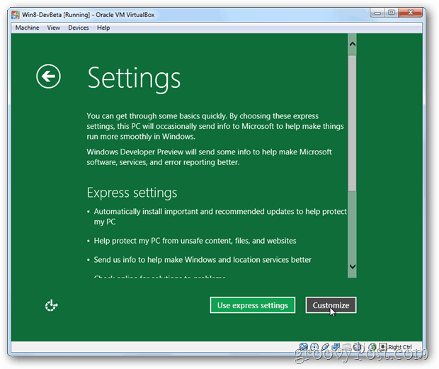 VirtualBox Windows 8 يعرب عن الإعداد أو تخصيصه
